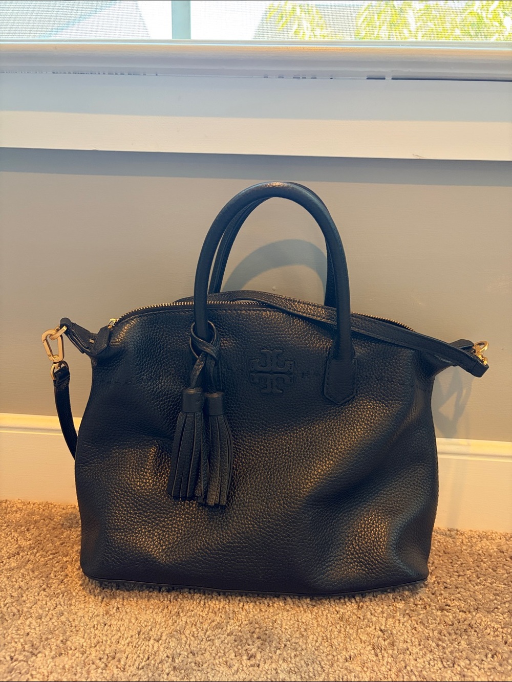 Tory Burch Black Pebbled Leather Tassel Satchel